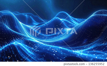 A glowing fractal galaxy swirls with energy across an abstract blue background of dark waves and bright starlight nestled in a deep purple cosmic nebula 136255952