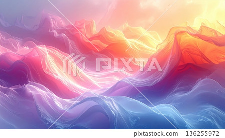 Vibrant abstract fractal background featuring a colorful rainbow wave pattern with bright light curves and celestial stars set against a motion blur texture wallpaper backdrop 136255972
