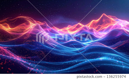 Abstract blue background featuring a fractal wave design with glowing lines and motion energy on a dark space backdrop 136255974