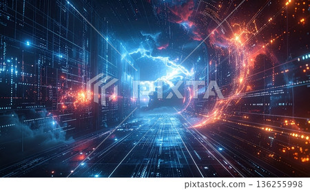 A digital fractal realm weaves through a binary code tunnel to create a rhythmic cyberspace pattern of data and light within a dark math-inspired composition 136255998