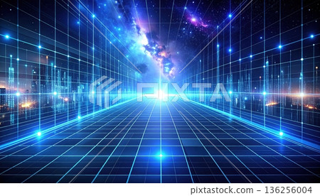 A digital abstract technology background featuring blue binary code and a glowing grid pattern with light effects to create a futuristic communication and science concept illustration A digital abstract technology background featuring blue binary code and a glowing grid pattern with light effects to create a futuristic communication and science concept illustration 136256004