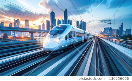 A fast locomotive speeds through the city station at night as passengers wait on the platform for their next rail journey along the urban transit track A fast locomotive speeds through the city station at night as passengers wait on the platform for their next rail journey along the urban transit track 136256006
