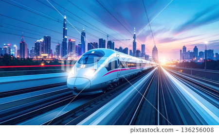 A fast locomotive speeds through the city station at night as passengers wait on the platform for their next rail journey along the urban transit track A fast locomotive speeds through the city station at night as passengers wait on the platform for their next rail journey along the urban transit track 136256008