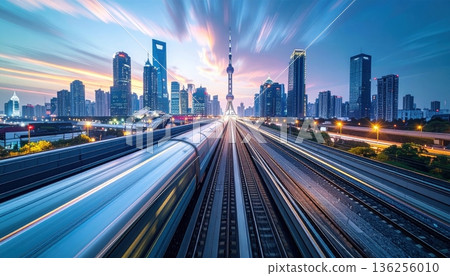 A fast locomotive speeds through the city station at night as passengers wait on the platform for their next rail journey along the urban transit track A fast locomotive speeds through the city station at night as passengers wait on the platform for their next rail journey along the urban transit track 136256010