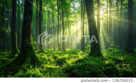 Misty sunlight filters through the green foliage of a serene woodland path as morning fog dances between the trees in this tranquil spring forest landscape Misty sunlight filters through the green foliage of a serene woodland path as morning fog dances between the trees in this tranquil spring forest landscape 136256015
