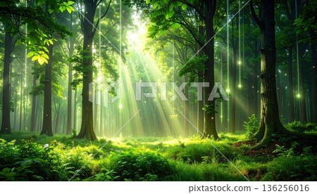 Misty sunlight filters through the green foliage of a serene woodland path as morning fog dances between the trees in this tranquil spring forest landscape 136256016