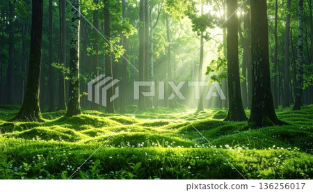 Misty sunlight filters through the green foliage of a serene woodland path as morning fog dances between the trees in this tranquil spring forest landscape 136256017