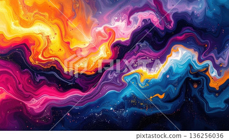 Vibrant abstract background featuring colorful blue waves and liquid paint swirls with a flowing light texture for a modern wallpaper design 136256036