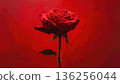 A single beautiful red rose blossom with green leaves and a delicate bud stands isolated on a black background as a romantic floral gift for Valentine's Day 136256044
