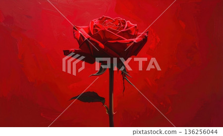 A single beautiful red rose blossom with green leaves and a delicate bud stands isolated on a black background as a romantic floral gift for Valentine's Day A single beautiful red rose blossom with green leaves and a delicate bud stands isolated on a black background as a romantic floral gift for Valentine's Day 136256044