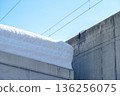 Snow piled up on a concrete roof 136256075