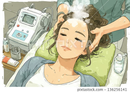 一位年輕女子正在享受臉部蒸氣護理 | 美容院護理場景的鳥瞰圖 136256141