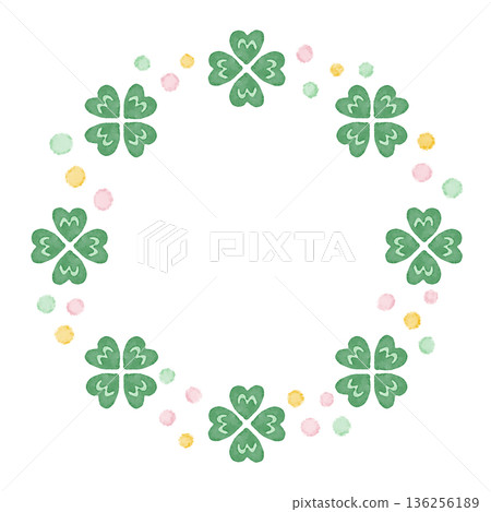 Cute hand drawn spring botanical illustration. Round frame of watercolor four-leaf clover leaves and dots 136256189