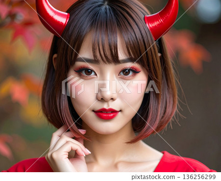 A young woman wearing devil horns as a Halloween costume 136256299
