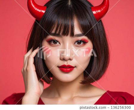 A young woman wearing devil horns as a Halloween costume 136256300