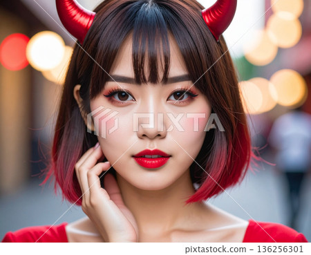 A young woman wearing devil horns as a Halloween costume 136256301