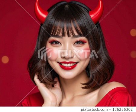 一位年輕女子戴著惡魔角當萬聖節裝扮 136256302