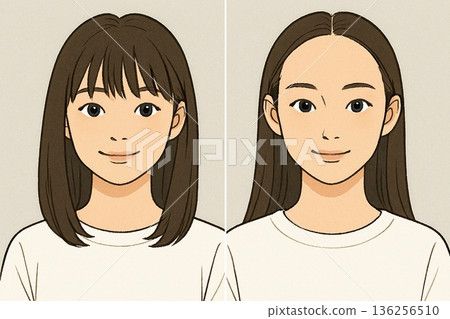 瀏海與否對臉型的影響示意圖 瀏海與否對臉型的影響示意圖 136256510