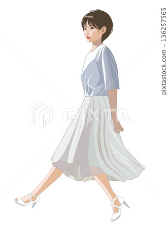Illustration of a young woman walking with her hands behind her back Illustration of a young woman walking with her hands behind her back 136257565