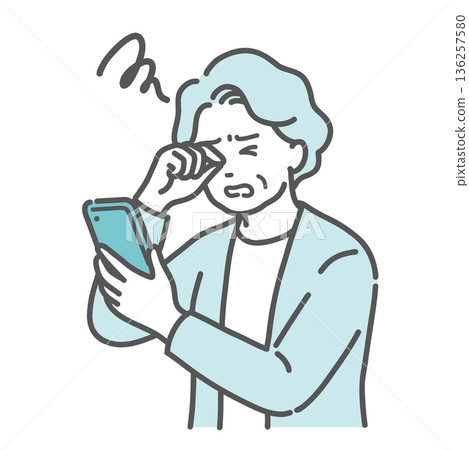 Illustration of an elderly woman rubbing her eyes while looking at her smartphone (presbyopia, cataracts, diabetic retinopathy) 136257580