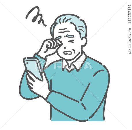 圖：一位老人一邊揉眼睛一邊看著他的智慧型手機（白內障、青光眼、老花眼） 136257581