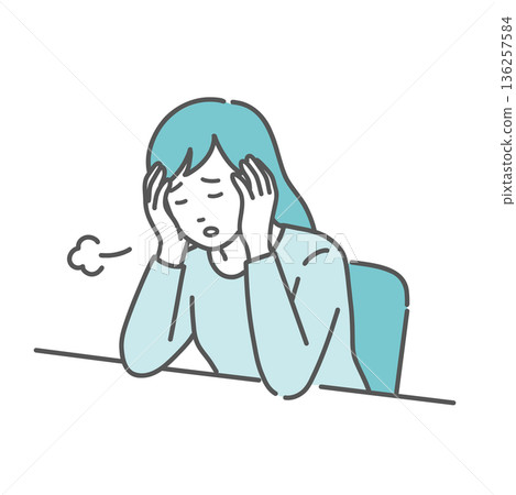 插圖描繪了一位飽受嚴重疲勞和壓力折磨的女性(更年期、經前症候群、貧血、憂鬱症)。 插圖描繪了一位飽受嚴重疲勞和壓力折磨的女性(更年期、經前症候群、貧血、憂鬱症)。 136257584