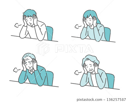一組插圖,描繪了各個年齡層的男性和女性遭受嚴重疲勞和壓力(憂鬱症、過度勞累、糖尿病)的症狀。 一組插圖,描繪了各個年齡層的男性和女性遭受嚴重疲勞和壓力(憂鬱症、過度勞累、糖尿病)的症狀。 136257587