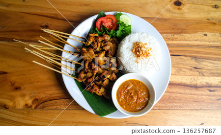 Asian Rice Dish with Side Dishes Flat Lay on Wood Asian Rice Dish with Side Dishes Flat Lay on Wood 136257687