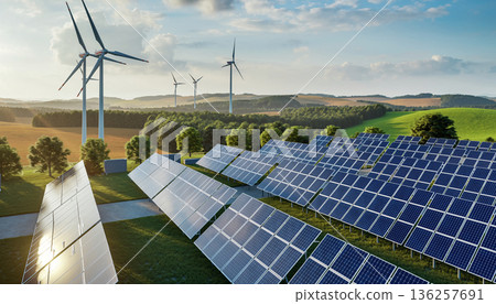 Solar Panels and Wind Turbines Renewable Energy Landscape 136257691