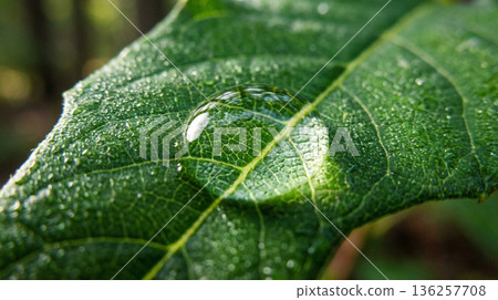 Green Leaf with Water Droplet Close Up Green Leaf with Water Droplet Close Up 136257708