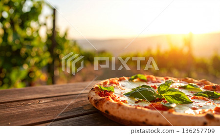 Pizza on Wooden Table with Nature Background Pizza on Wooden Table with Nature Background 136257709