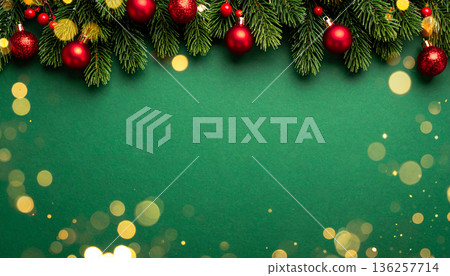 Green Festive Background with Christmas Decorations Green Festive Background with Christmas Decorations 136257714