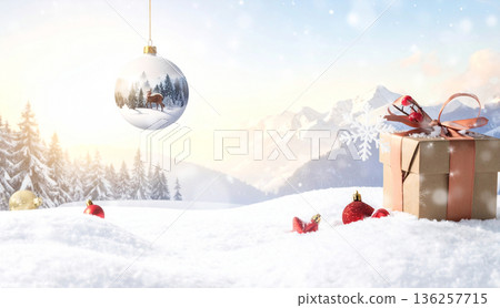Christmas Gift Box with Snowy Mountains Background 136257715