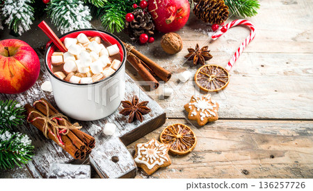 Cozy Christmas Still Life with Cookies and Cocoa Cozy Christmas Still Life with Cookies and Cocoa 136257726