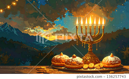 Golden Menorah with Bread in Dramatic Night Scene Golden Menorah with Bread in Dramatic Night Scene 136257743