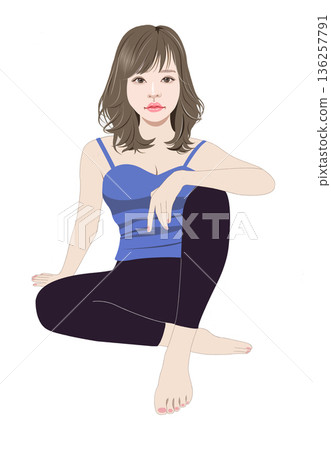 圖：一位捲髮女孩坐著，一隻膝蓋抬起 136257791