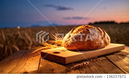 Fresh Bread on Wooden Table with Warm Light Fresh Bread on Wooden Table with Warm Light 136257871