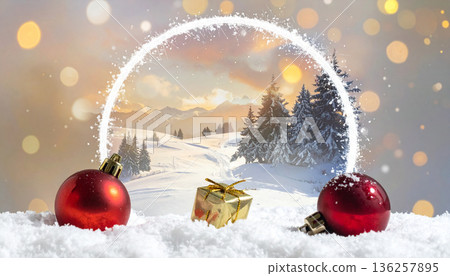 Snowy Winter Landscape with Christmas Decorations Snowy Winter Landscape with Christmas Decorations 136257895