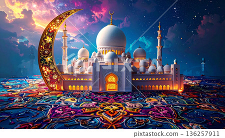 Ramadan Kareem Mosque with Crescent Moon Illustration Ramadan Kareem Mosque with Crescent Moon Illustration 136257911