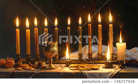 Elegant Hanukkah Menorah with Multiple Candles Elegant Hanukkah Menorah with Multiple Candles 136257916