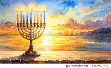Hanukkah Menorah Against Sunset Sky Hanukkah Menorah Against Sunset Sky 136257917