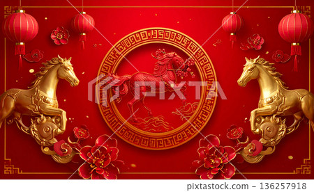 Chinese New Year Red Decoration with Golden Ornament Chinese New Year Red Decoration with Golden Ornament 136257918
