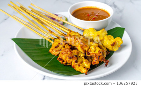 Chicken Satay Skewers with Peanut Sauce Chicken Satay Skewers with Peanut Sauce 136257925
