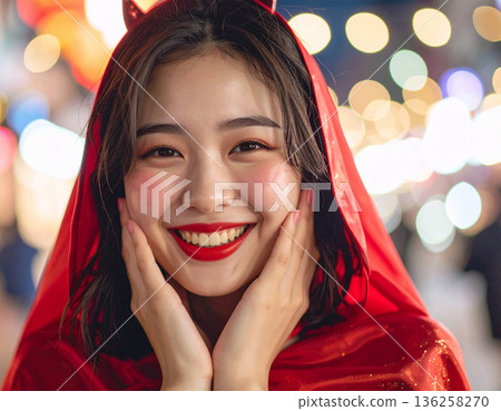 A young woman wearing devil horns as a Halloween costume 136258270