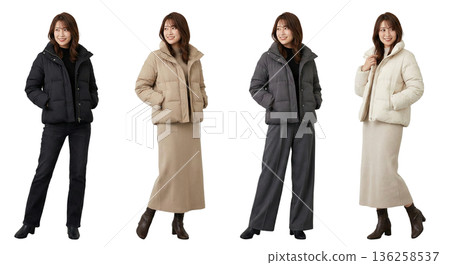 一套四件羽絨外套和西裝，適合20多歲的女性。全身鏤空PNG圖片，透明背景。休閒和正式風格。 136258537