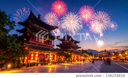 Traditional Chinese Temple at Night with Fireworks 136258816