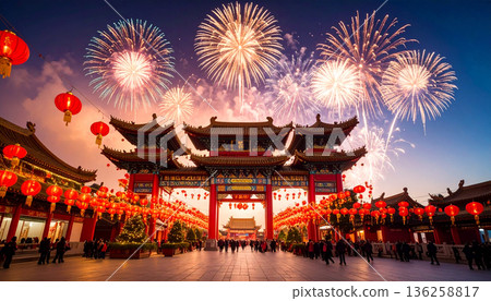 Chinese New Year Celebration with Fireworks and Red Lanterns 136258817