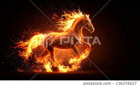 Fire Horse Silhouette with Glowing Flame Effects 136258827