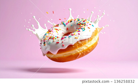 Flying Donut with Sprinkles on Pastel Pink Background 136258832