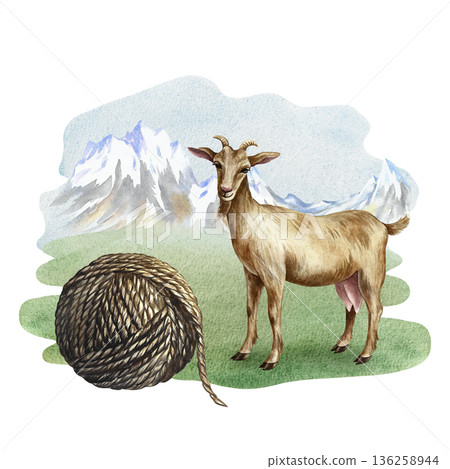Goat and a ball of woolen yarn in a mountain landscape. Hand-drawn watercolor illustration. Perfect for creating backgrounds, banners, posters, packaging designs, labels, and more. Goat and a ball of woolen yarn in a mountain landscape. Hand-drawn watercolor illustration. Perfect for creating backgrounds, banners, posters, packaging designs, labels, and more. 136258944